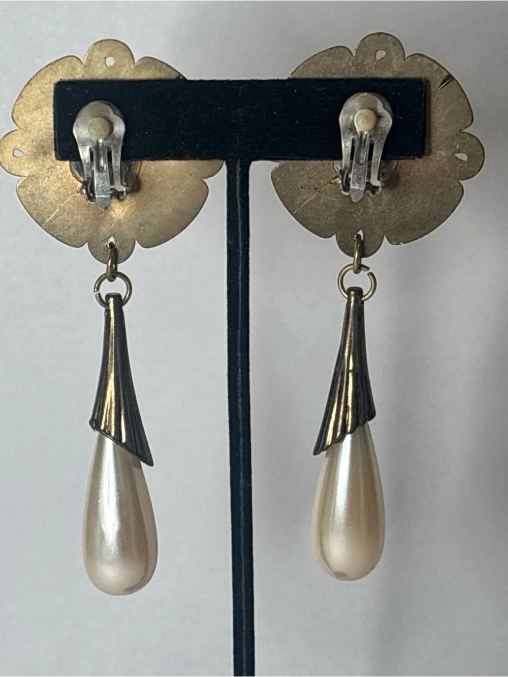 80s Glam Bold Clip-On Earrings‎ Retro Multi-Color Gem & Pearl Dangle
